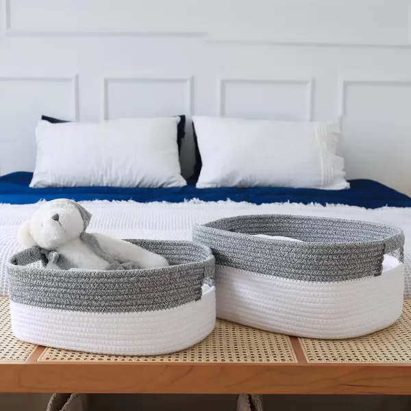 LA JOLIE MUSE Rectangle Cotton Rope Storage Basket Set of 2, Natural and Safe For Baby Kids Nursery, Two-Tone Woven Decorative Baskets, White &amp; Gray