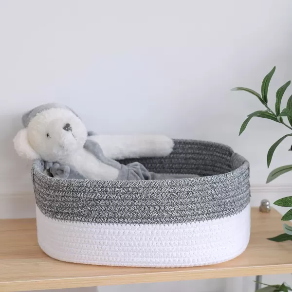 LA JOLIE MUSE Rectangle Cotton Rope Storage Basket Set of 2, Natural and Safe For Baby Kids Nursery, Two-Tone Woven Decorative Baskets, White &amp; Gray