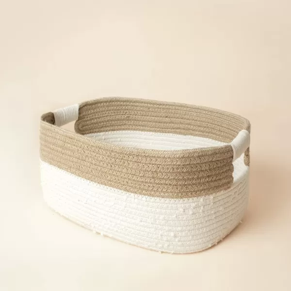 LA JOLIE MUSE Rectangle Cotton Rope Storage Basket Set of 2, Natural and Safe For Baby Kids Nursery, Two-Tone Woven Decorative Baskets, White &amp; Gray