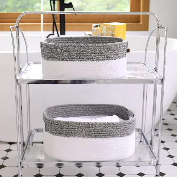 LA JOLIE MUSE Rectangle Cotton Rope Storage Basket Set of 2, Natural and Safe For Baby Kids Nursery, Two-Tone Woven Decorative Baskets, White &amp; Gray