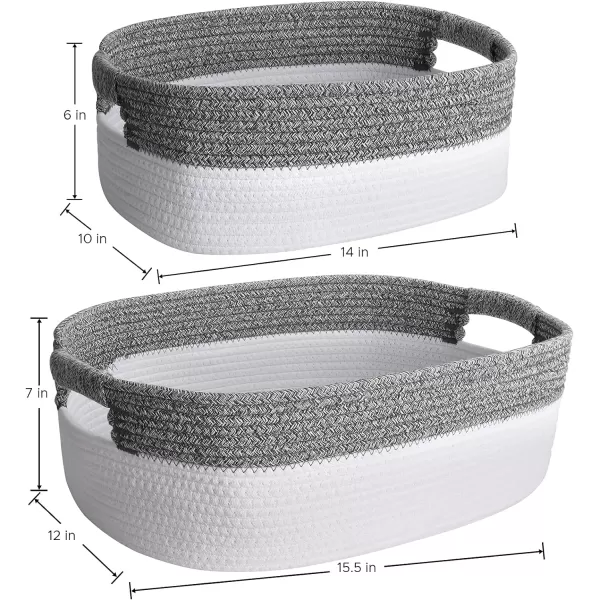 LA JOLIE MUSE Rectangle Cotton Rope Storage Basket Set of 2, Natural and Safe For Baby Kids Nursery, Two-Tone Woven Decorative Baskets, White &amp; Gray