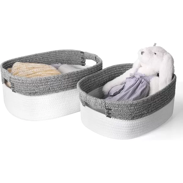 LA JOLIE MUSE Rectangle Cotton Rope Storage Basket Set of 2, Natural and Safe For Baby Kids Nursery, Two-Tone Woven Decorative Baskets, White &amp; Gray