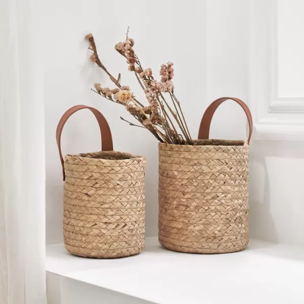 Wall Hanging Small Storage Baskets - Water Hyacinth &amp; Paper Woven Hanging Baskets Set 2, Garden Planters Baskets