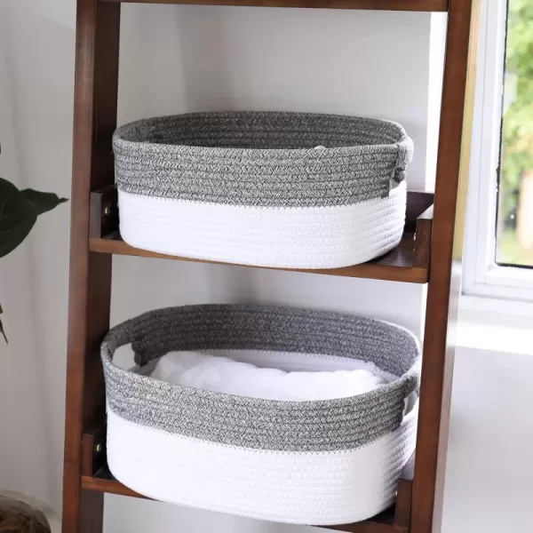 LA JOLIE MUSE Rectangle Cotton Rope Storage Basket Set of 2, Natural and Safe For Baby Kids Nursery, Two-Tone Woven Decorative Baskets, White &amp; Gray