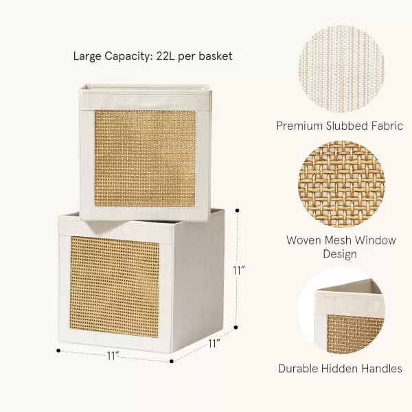 LA JOLIE MUSE Foldable 11 Inch Cube, Fabric Storage Bins with Paper Mesh, Storage Baskets for Organizing, Decorative Storage Boxes with Dual Handles, Fabric Closet Storage Bins, 2 Pack, Beige
