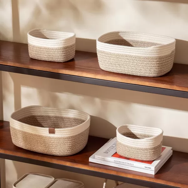 LA JOLIE MUSE Rope Storage Baskets for Organizing, Small Cotton Woven Basket for Bathroom Shelve Nursery, Decorative Basket Organizer Bins Set of 2, White &amp; Desert