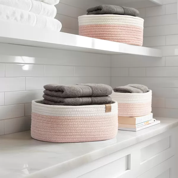 LA JOLIE MUSE Rope Storage Baskets for Organizing, Small Cotton Woven Basket for Bathroom Shelve Nursery, Decorative Basket Organizer Bins Set of 2, White &amp; Desert
