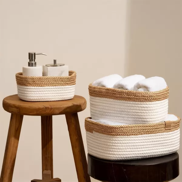 LA JOLIE MUSE Rope Storage Baskets for Organizing, Small Cotton Woven Basket for Bathroom Shelve Nursery, Decorative Basket Organizer Bins Set of 2, White &amp; Desert