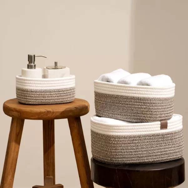 LA JOLIE MUSE Rope Storage Baskets for Organizing, Small Cotton Woven Basket for Bathroom Shelve Nursery, Decorative Basket Organizer Bins Set of 2, White &amp; Desert