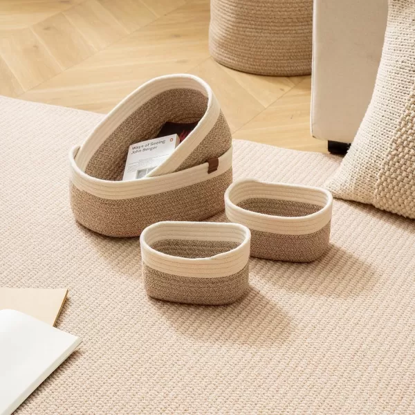LA JOLIE MUSE Rope Storage Baskets for Organizing, Small Cotton Woven Basket for Bathroom Shelve Nursery, Decorative Basket Organizer Bins Set of 2, White &amp; Desert