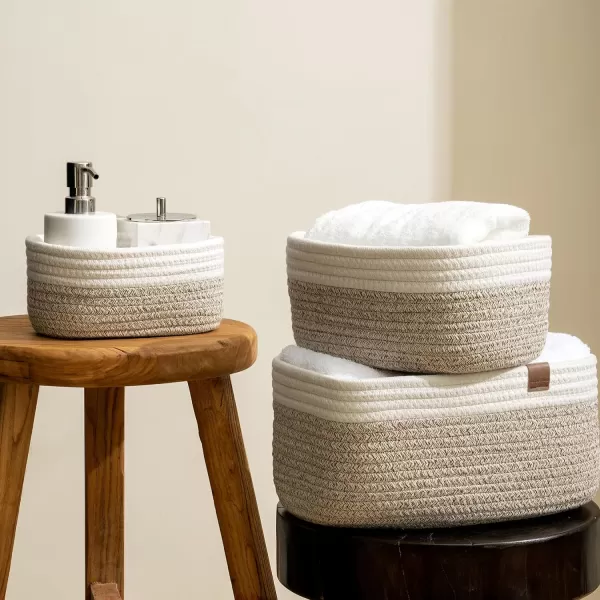 LA JOLIE MUSE Rope Storage Baskets for Organizing, Small Cotton Woven Basket for Bathroom Shelve Nursery, Decorative Basket Organizer Bins Set of 2, White &amp; Desert
