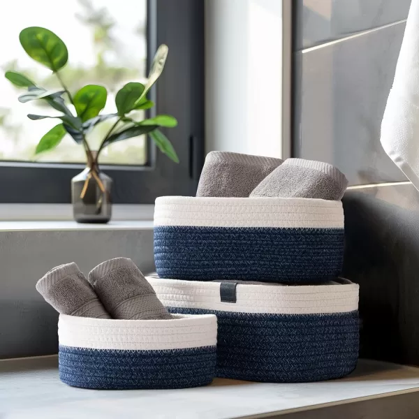LA JOLIE MUSE Rope Storage Baskets for Organizing, Small Cotton Woven Basket for Bathroom Shelve Nursery, Decorative Basket Organizer Bins Set of 2, White &amp; Desert