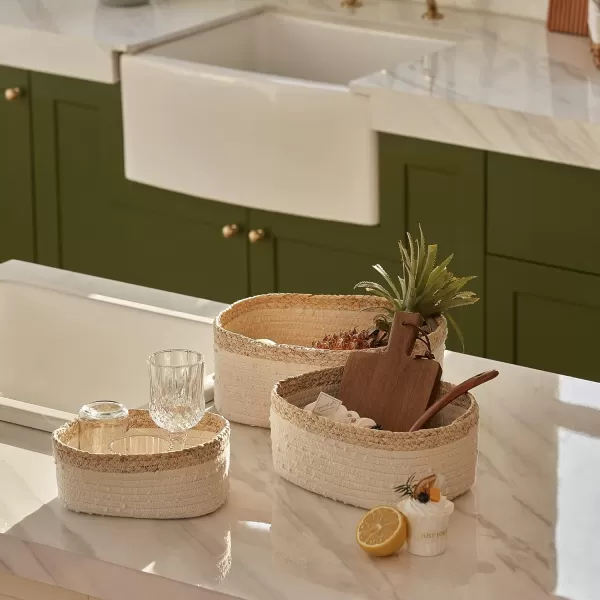 LA JOLIE MUSE Rope Storage Baskets for Organizing, Small Cotton Woven Basket for Bathroom Shelve Nursery, Decorative Basket Organizer Bins Set of 2, White &amp; Desert