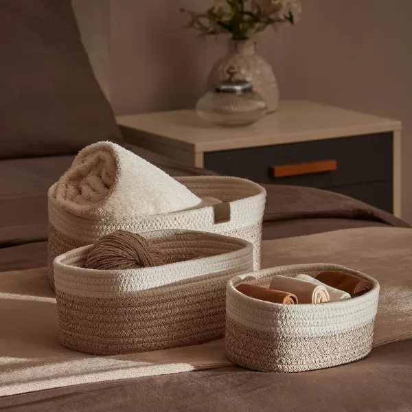 LA JOLIE MUSE Rope Storage Baskets for Organizing, Small Cotton Woven Basket for Bathroom Shelve Nursery, Decorative Basket Organizer Bins Set of 2, White &amp; Desert