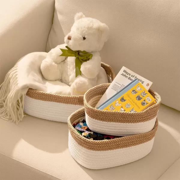 LA JOLIE MUSE Rope Storage Baskets for Organizing, Small Cotton Woven Basket for Bathroom Shelve Nursery, Decorative Basket Organizer Bins Set of 2, White &amp; Desert
