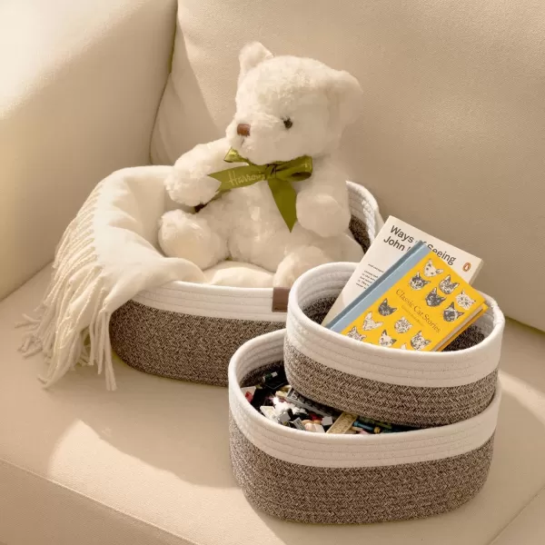 LA JOLIE MUSE Rope Storage Baskets for Organizing, Small Cotton Woven Basket for Bathroom Shelve Nursery, Decorative Basket Organizer Bins Set of 2, White &amp; Desert