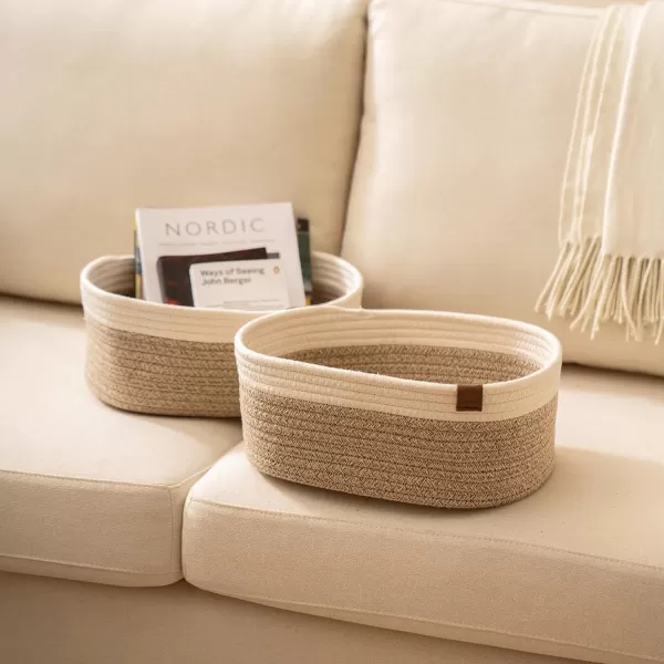 LA JOLIE MUSE Rope Storage Baskets for Organizing, Small Cotton Woven Basket for Bathroom Shelve Nursery, Decorative Basket Organizer Bins Set of 2, White &amp; Desert
