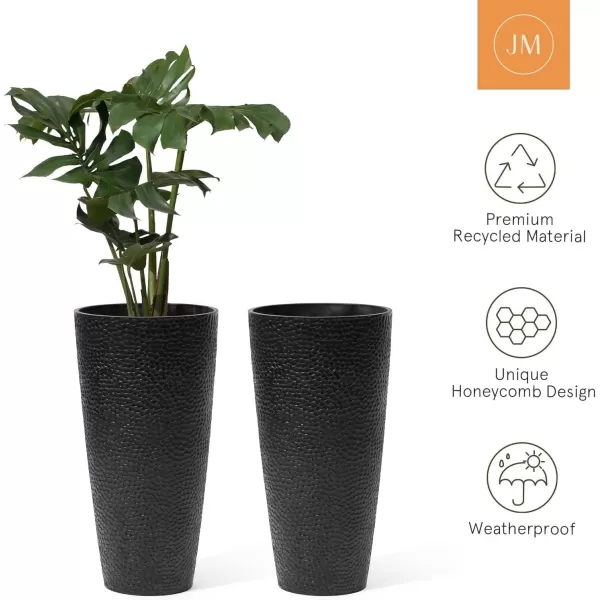 LA JOLIE MUSE 28in Tall Black Planters Set of 2,X Large Plastic Tall Round Planter for Indoor/Outdoor Plants,Large Tree Planters for Front Door,Patio and Deck