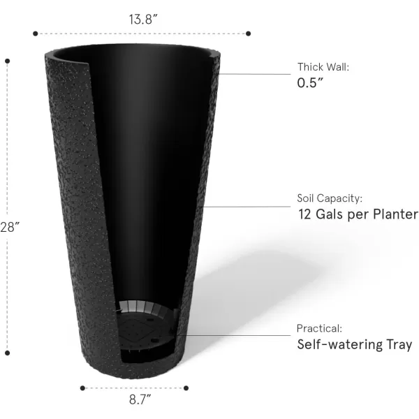 LA JOLIE MUSE 28in Tall Black Planters Set of 2,X Large Plastic Tall Round Planter for Indoor/Outdoor Plants,Large Tree Planters for Front Door,Patio and Deck