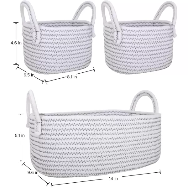 LA JOLIE MUSE 14 Inch Cotton Rope Woven Storage Basket Set of 3, Multipurpose Organizer Bins with Handles, White with Zig Zag Line Pattern