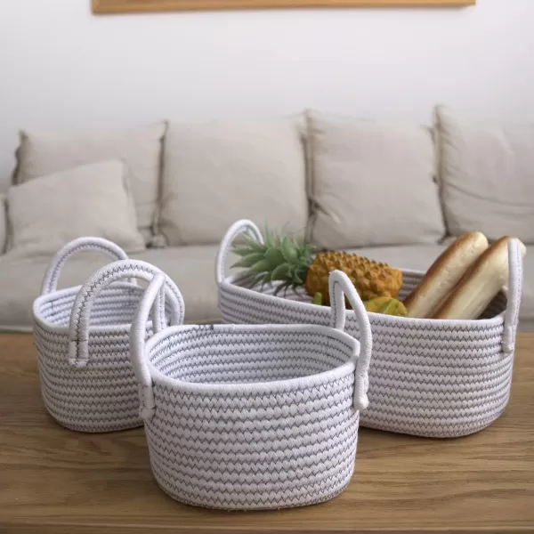 LA JOLIE MUSE 14 Inch Cotton Rope Woven Storage Basket Set of 3, Multipurpose Organizer Bins with Handles, White with Zig Zag Line Pattern