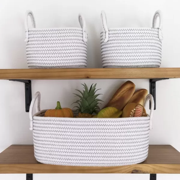 LA JOLIE MUSE 14 Inch Cotton Rope Woven Storage Basket Set of 3, Multipurpose Organizer Bins with Handles, White with Zig Zag Line Pattern