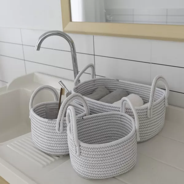 LA JOLIE MUSE 14 Inch Cotton Rope Woven Storage Basket Set of 3, Multipurpose Organizer Bins with Handles, White with Zig Zag Line Pattern