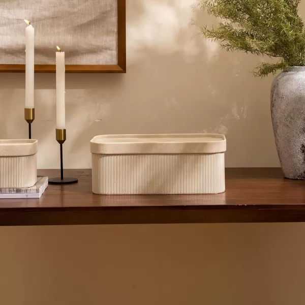 LA JOLIE MUSE Fluted Cardboard Storage Baskets with Leather-Like Lids, Sturdy Stackable Paper Boxes Decorative Tray, Black &amp; Beige, Set of 3