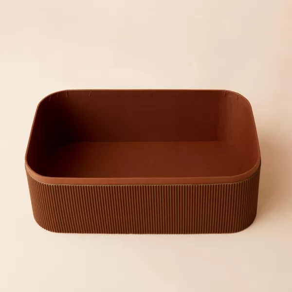 LA JOLIE MUSE Fluted Cardboard Storage Baskets with Leather-Like Lids, Sturdy Stackable Paper Boxes Decorative Tray, Black &amp; Beige, Set of 3