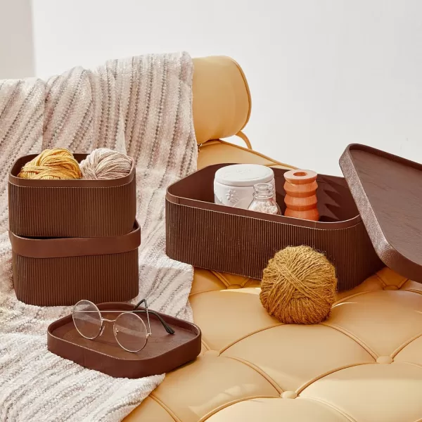 LA JOLIE MUSE Fluted Cardboard Storage Baskets with Leather-Like Lids, Sturdy Stackable Paper Boxes Decorative Tray, Black &amp; Beige, Set of 3