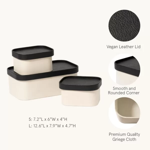 LA JOLIE MUSE Fluted Cardboard Storage Baskets with Leather-Like Lids, Sturdy Stackable Paper Boxes Decorative Tray, Black &amp; Beige, Set of 3