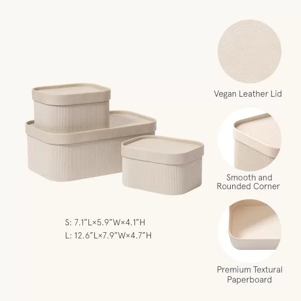 LA JOLIE MUSE Fluted Cardboard Storage Baskets with Leather-Like Lids, Sturdy Stackable Paper Boxes Decorative Tray, Black &amp; Beige, Set of 3