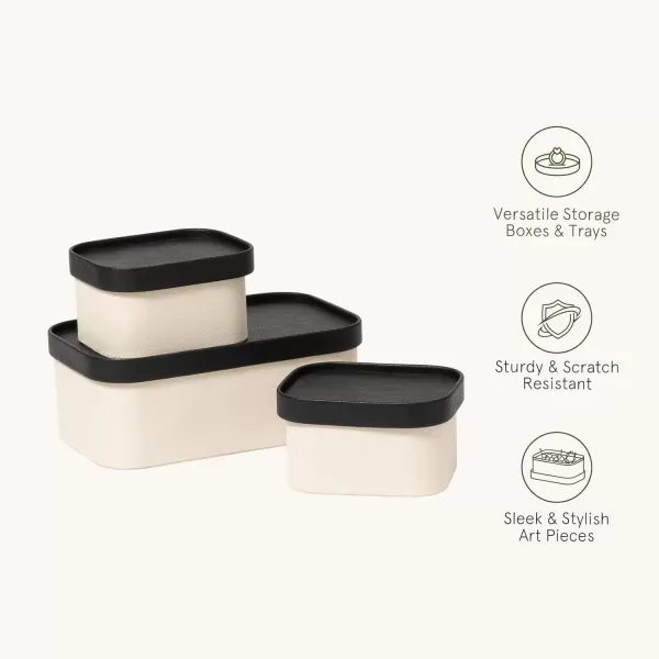LA JOLIE MUSE Fluted Cardboard Storage Baskets with Leather-Like Lids, Sturdy Stackable Paper Boxes Decorative Tray, Black &amp; Beige, Set of 3