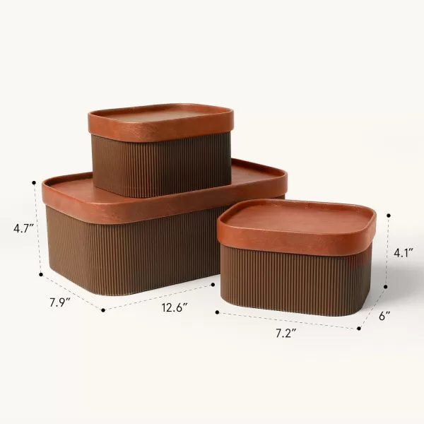 LA JOLIE MUSE Fluted Cardboard Storage Baskets with Leather-Like Lids, Sturdy Stackable Paper Boxes Decorative Tray, Black &amp; Beige, Set of 3