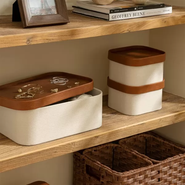 LA JOLIE MUSE Fluted Cardboard Storage Baskets with Leather-Like Lids, Sturdy Stackable Paper Boxes Decorative Tray, Black &amp; Beige, Set of 3