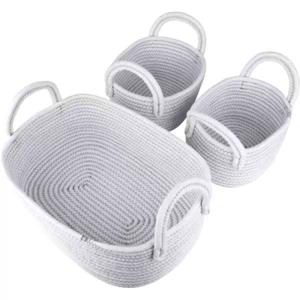 LA JOLIE MUSE 14 Inch Cotton Rope Woven Storage Basket Set of 3, Multipurpose Organizer Bins with Handles, White with Zig Zag Line Pattern