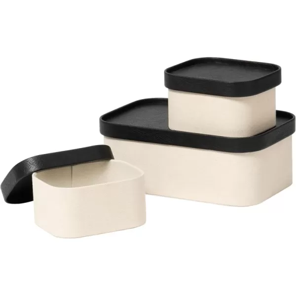 LA JOLIE MUSE Fluted Cardboard Storage Baskets with Leather-Like Lids, Sturdy Stackable Paper Boxes Decorative Tray, Black &amp; Beige, Set of 3