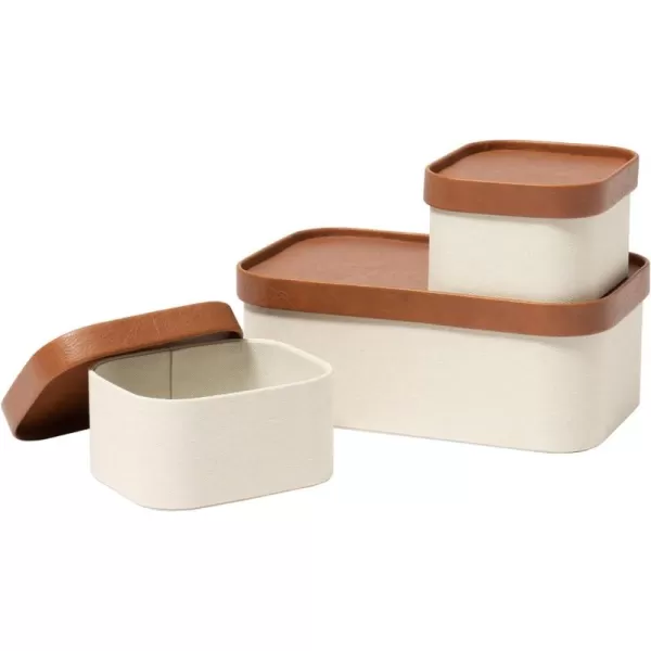 LA JOLIE MUSE Fluted Cardboard Storage Baskets with Leather-Like Lids, Sturdy Stackable Paper Boxes Decorative Tray, Black &amp; Beige, Set of 3