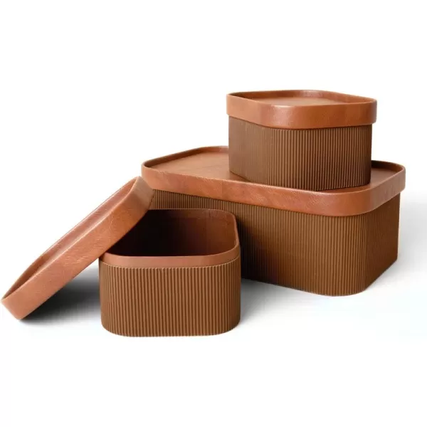 LA JOLIE MUSE Fluted Cardboard Storage Baskets with Leather-Like Lids, Sturdy Stackable Paper Boxes Decorative Tray, Black &amp; Beige, Set of 3
