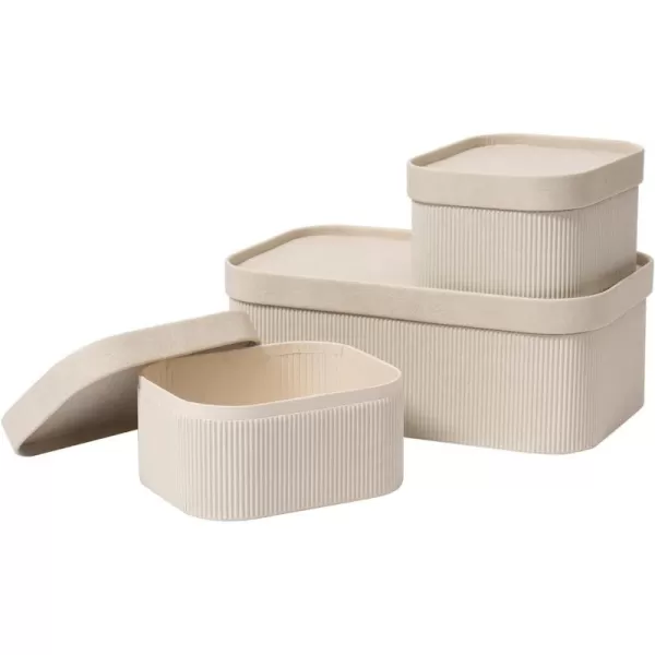 LA JOLIE MUSE Fluted Cardboard Storage Baskets with Leather-Like Lids, Sturdy Stackable Paper Boxes Decorative Tray, Black &amp; Beige, Set of 3