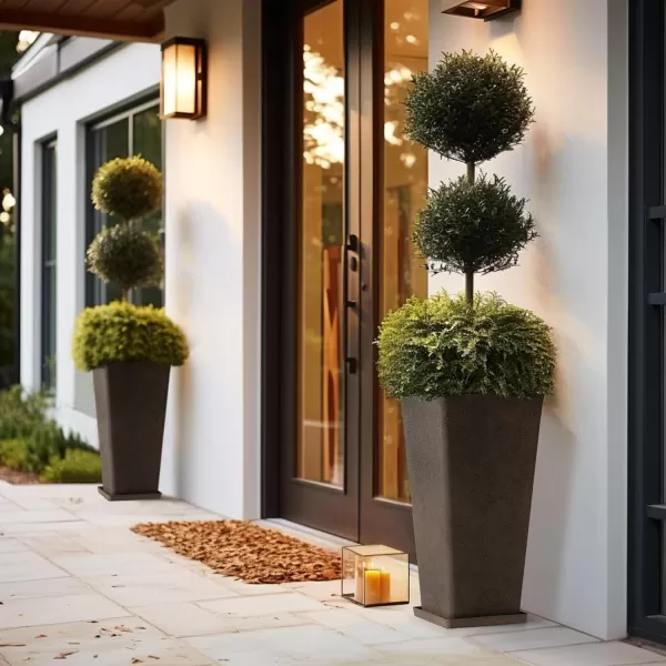 LA JOLIE MUSE 26 inch Tall Planters for Outdoor Plants,Set of 2 Tapered Planters with Trays,Iron Plastic Rectangular Tall Planters for Front Door, Patio and Deck