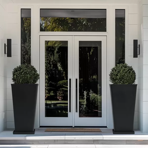 LA JOLIE MUSE 26 inch Tall Planters for Outdoor Plants,Set of 2 Tapered Planters with Trays,Iron Plastic Rectangular Tall Planters for Front Door, Patio and Deck