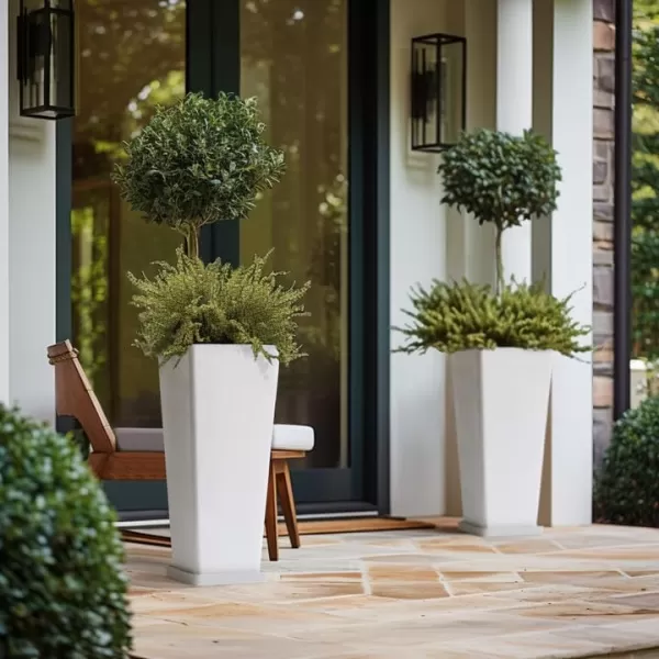 LA JOLIE MUSE 26 inch Tall Planters for Outdoor Plants,Set of 2 Tapered Planters with Trays,Iron Plastic Rectangular Tall Planters for Front Door, Patio and Deck