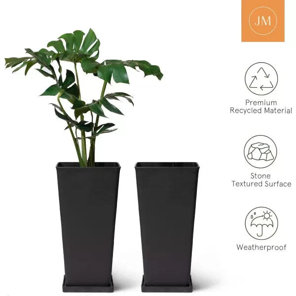 LA JOLIE MUSE 26 inch Tall Planters for Outdoor Plants,Set of 2 Tapered Planters with Trays,Iron Plastic Rectangular Tall Planters for Front Door, Patio and Deck