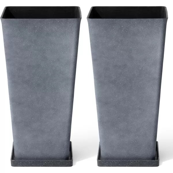LA JOLIE MUSE 26 inch Tall Planters for Outdoor Plants,Set of 2 Tapered Planters with Trays,Iron Plastic Rectangular Tall Planters for Front Door, Patio and Deck