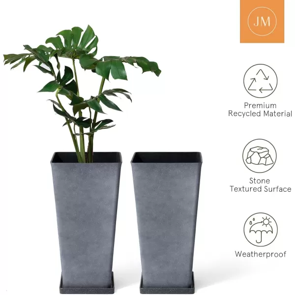 LA JOLIE MUSE 26 inch Tall Planters for Outdoor Plants,Set of 2 Tapered Planters with Trays,Iron Plastic Rectangular Tall Planters for Front Door, Patio and Deck