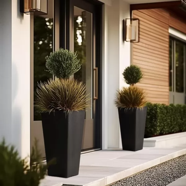 LA JOLIE MUSE 26 inch Tall Planters for Outdoor Plants,Set of 2 Tapered Planters with Trays,Iron Plastic Rectangular Tall Planters for Front Door, Patio and Deck