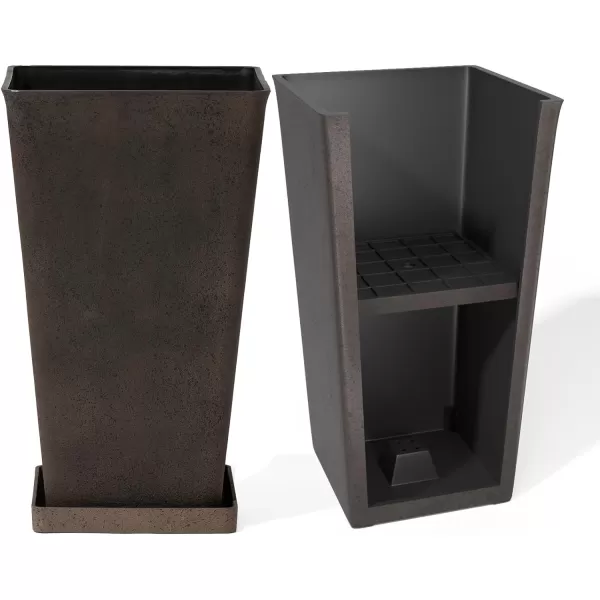 LA JOLIE MUSE 26 inch Tall Planters for Outdoor Plants,Set of 2 Tapered Planters with Trays,Iron Plastic Rectangular Tall Planters for Front Door, Patio and Deck