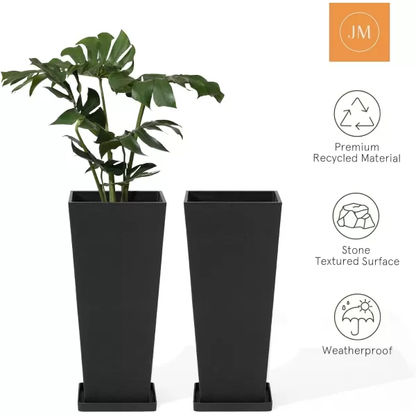 LA JOLIE MUSE 26 inch Tall Planters for Outdoor Plants,Set of 2 Tapered Planters with Trays,Iron Plastic Rectangular Tall Planters for Front Door, Patio and Deck