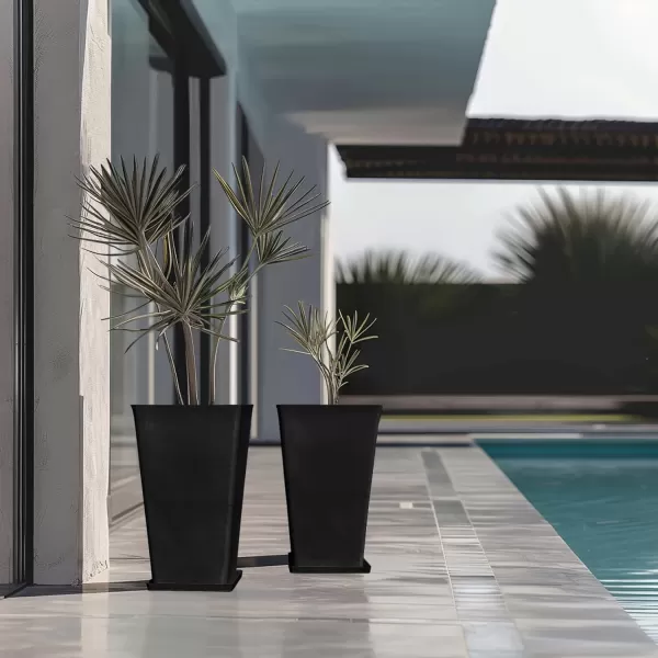LA JOLIE MUSE 26 inch Tall Planters for Outdoor Plants,Set of 2 Tapered Planters with Trays,Iron Plastic Rectangular Tall Planters for Front Door, Patio and Deck